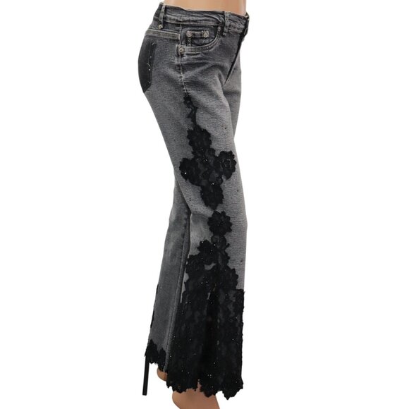 Gray Bootcut Flare Jeans with Black Lace Appliqué Trim 30 - Picture 8 of 10